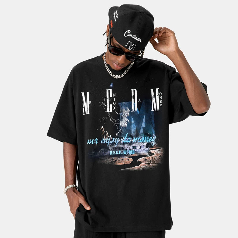 MEDM China-Chic Short Sleeve T-shirt High Street Hip Hop Loose T-shirt Cotton Breathable Couple Top