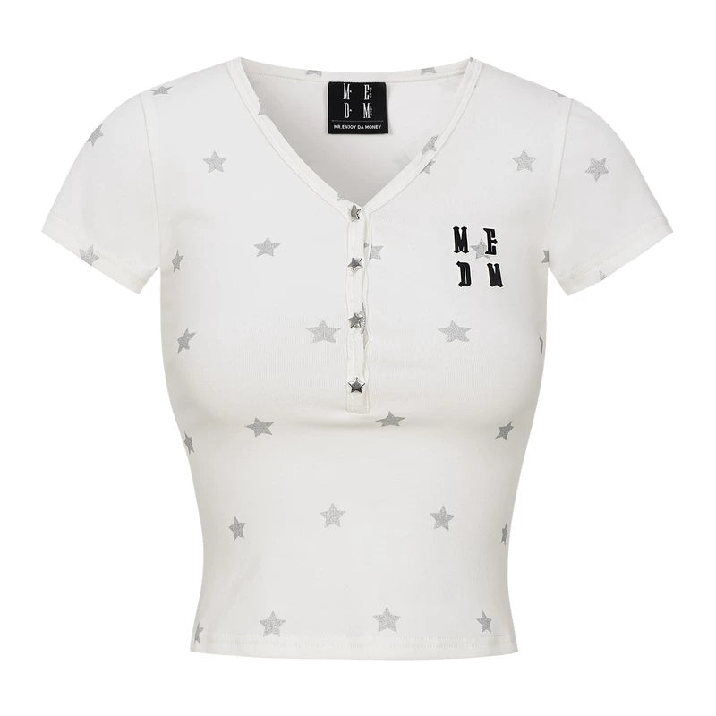MEDM Star Flash V-neck Henley collar full printed star casual short sleeved letter 3D printed slimming short T-shirt