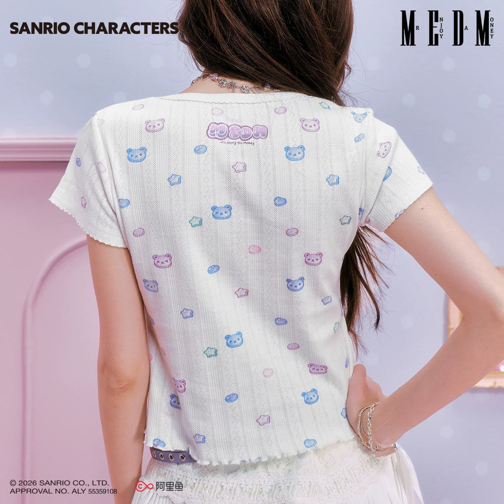 MEDM × Sanrio Family Series Small Fragrant Style Candy Printed Knitted Short Sleeve Cute Sweet Girl Casual T-shirt for Women