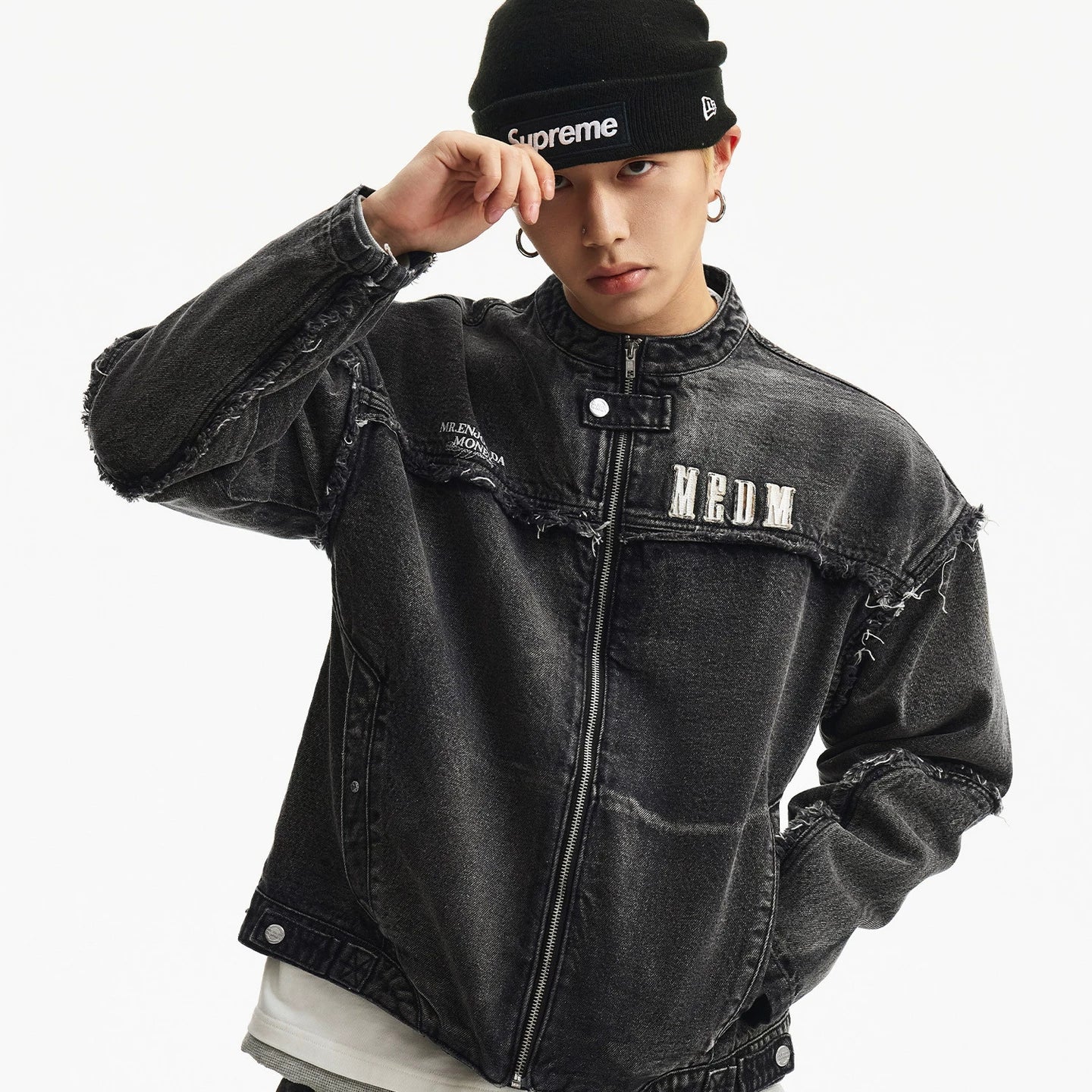 MEDM Structure Edge Denim Set - Jacket Washed and Used, Structural Thread Design, Casual Zipper Jacket, Spring