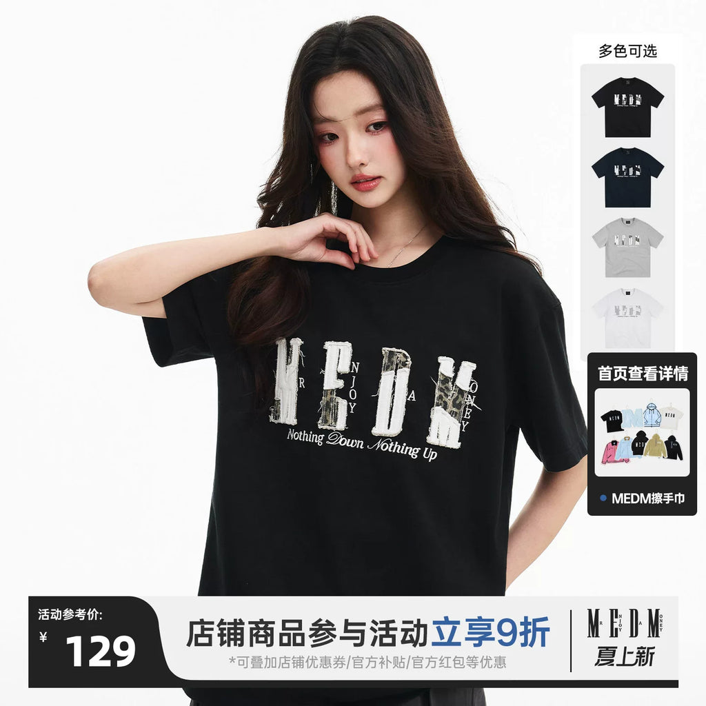 MEDM color blocking patch destroys letter logo embroidery casual round neck short sleeved trendy versatile loose couple T-shirt