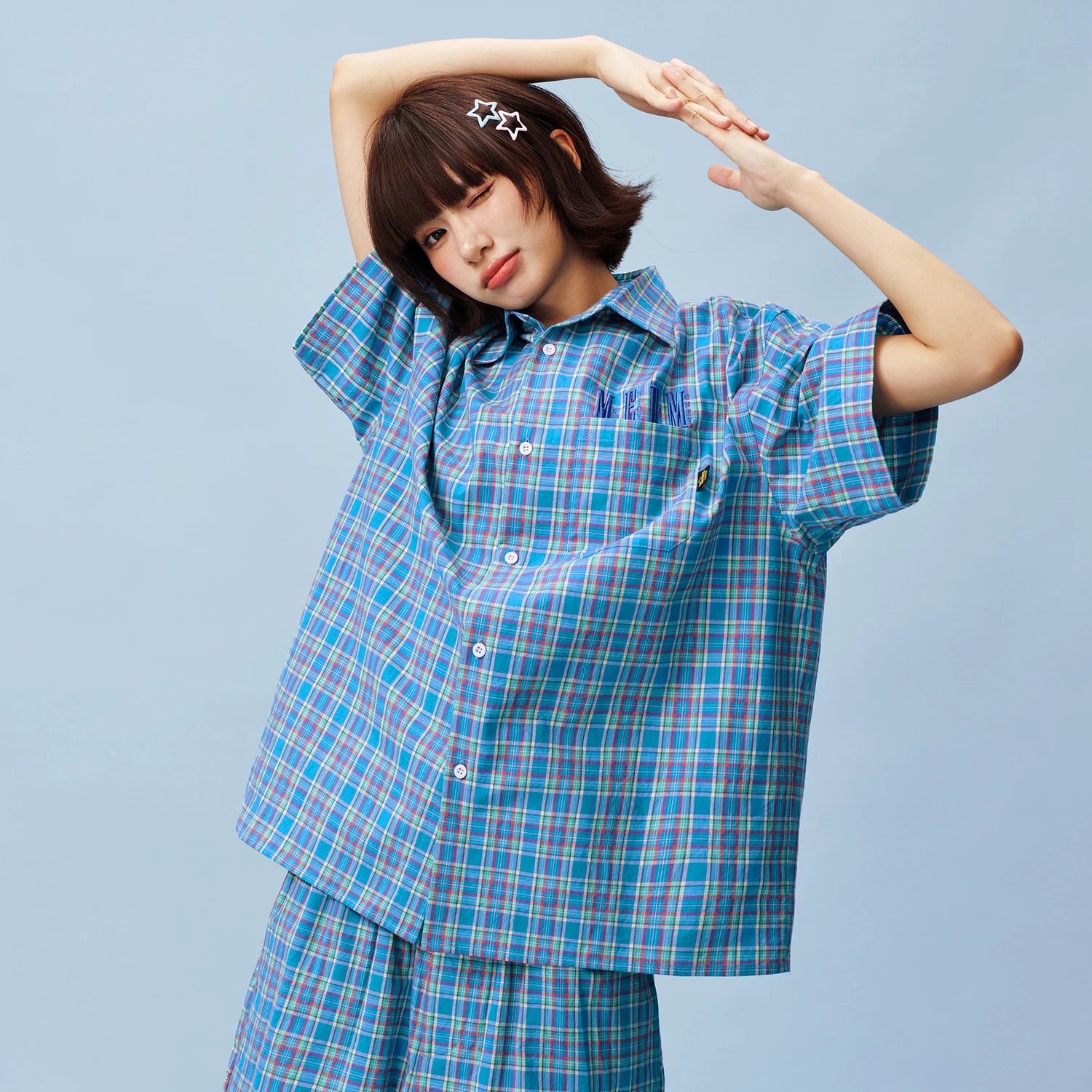 MEDM retro college style embroidered casual plaid shirt American men's and women's loose collared short sleeved plaid top