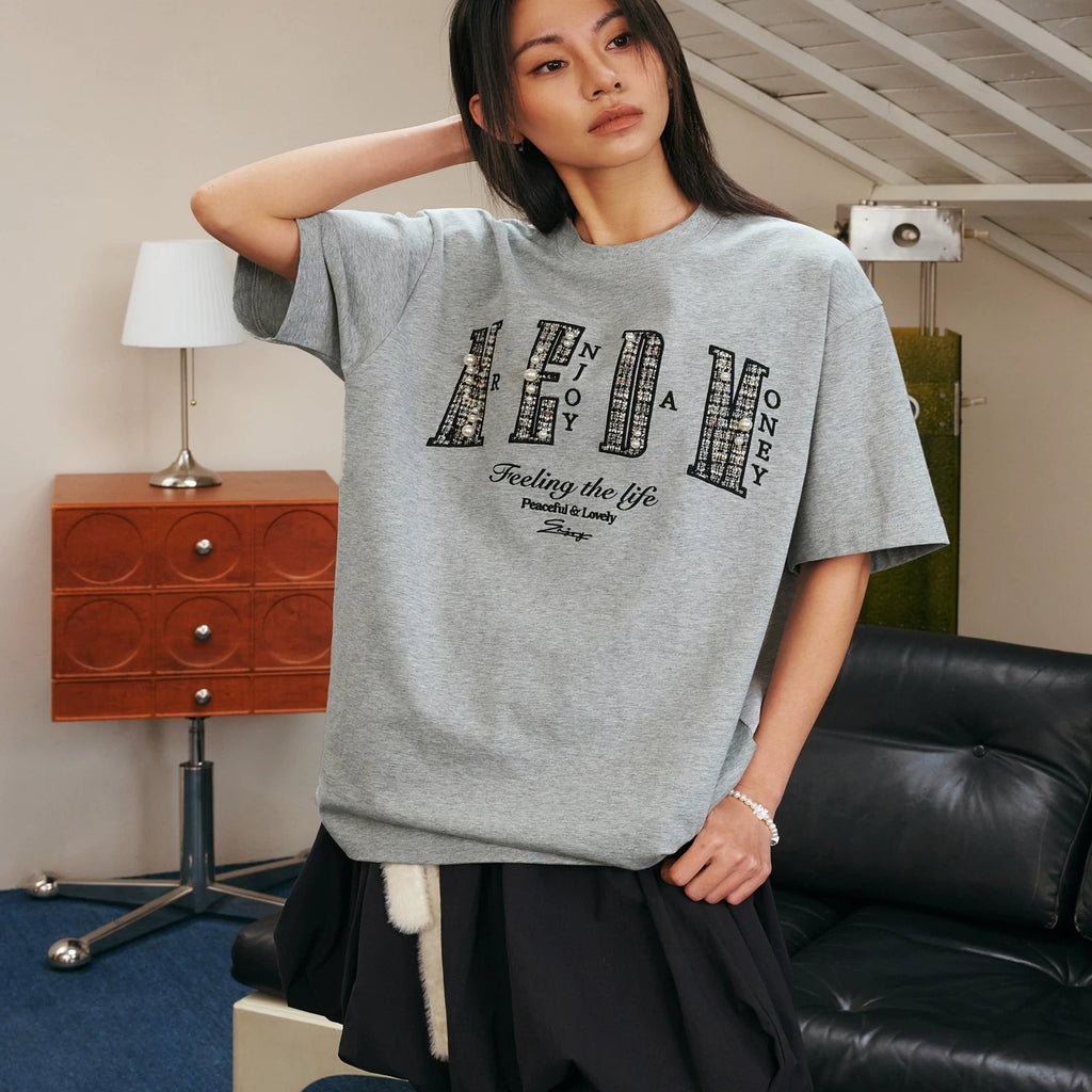 Shen Yue's same MEDM26SS small fragrance filled pearl letter short sleeved T-shirt for men's summer American style T-shirt