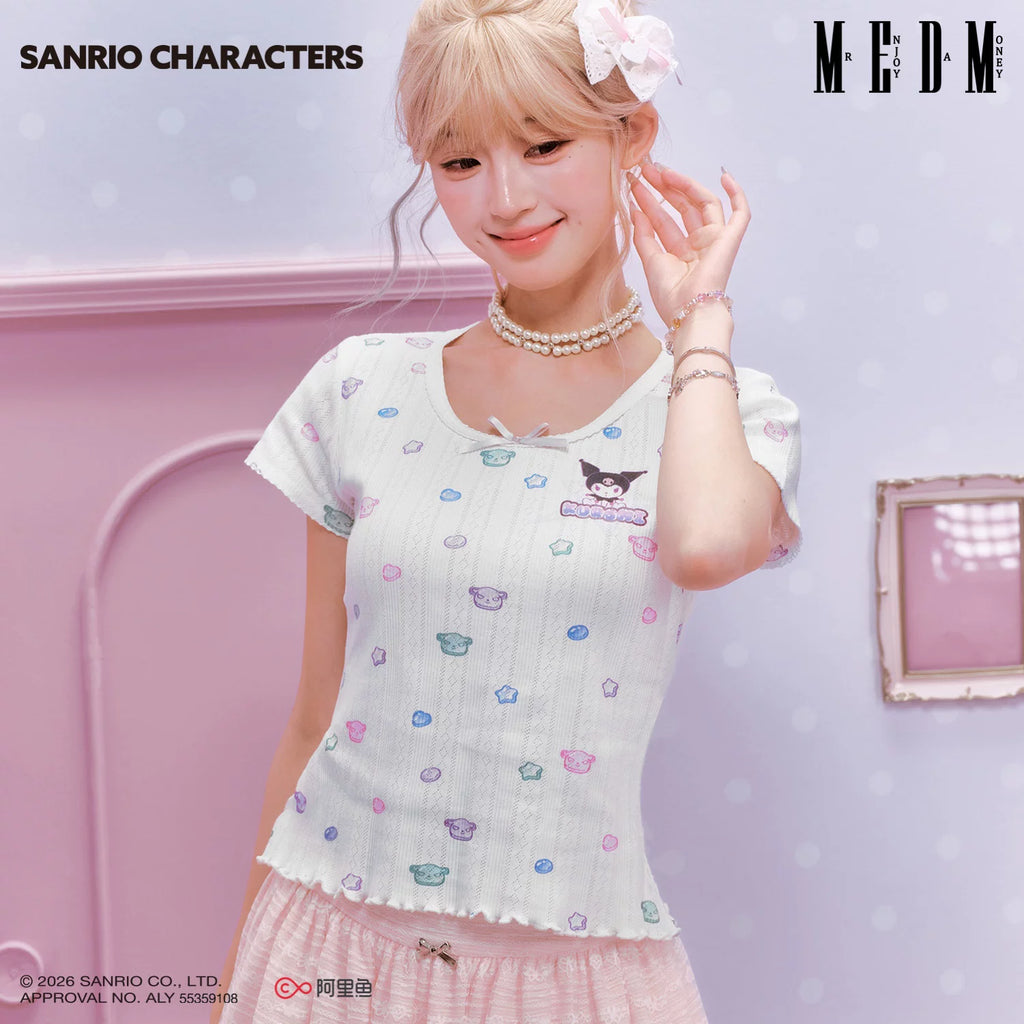 MEDM × Sanrio Family Series Small Fragrant Style Candy Printed Knitted Short Sleeve Cute Sweet Girl Casual T-shirt for Women