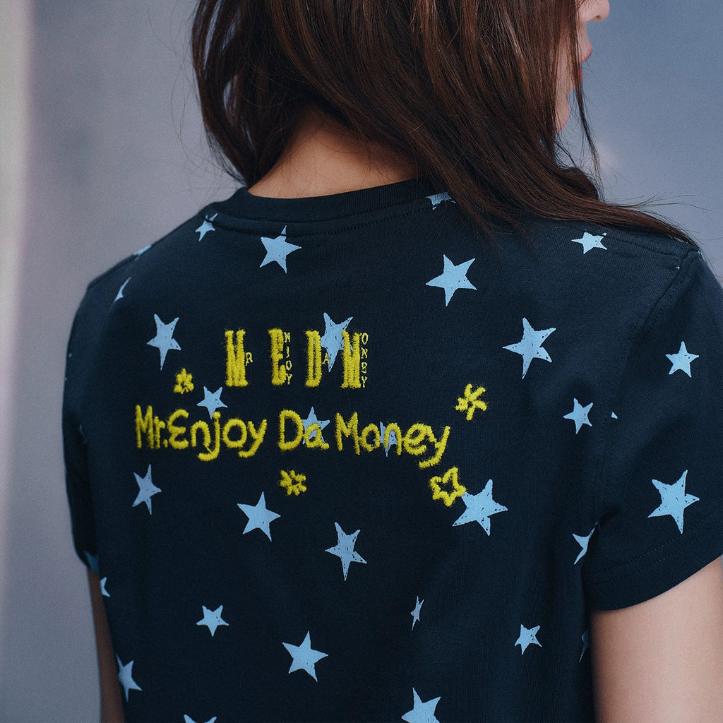 MEDM × Iria's mailbox co branded slogan is full of stars, casual round neck short sleeved cute embroidered T-shirt, women's summer