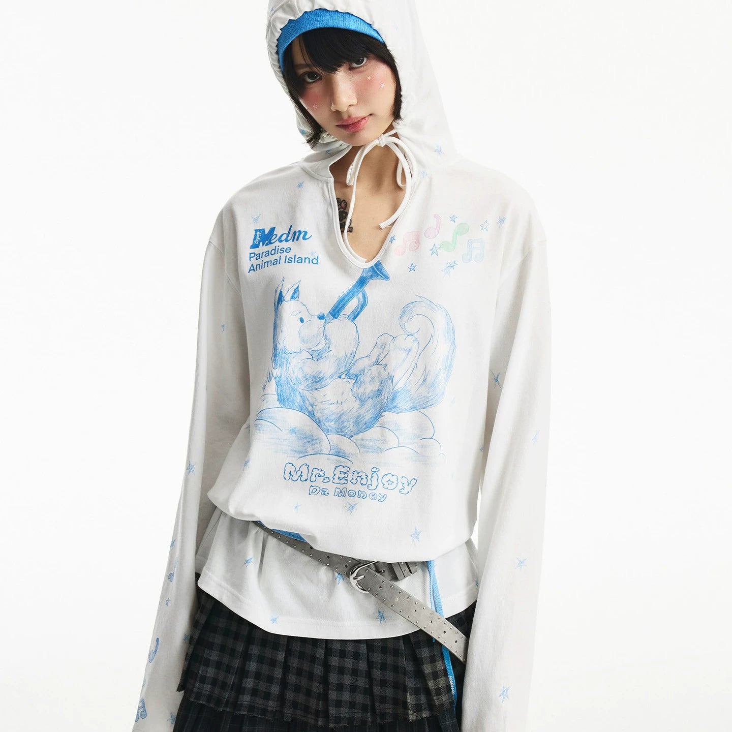 MEDM playing instrument angel dog pattern printed lightweight casual hooded T-shirt cute style top for women