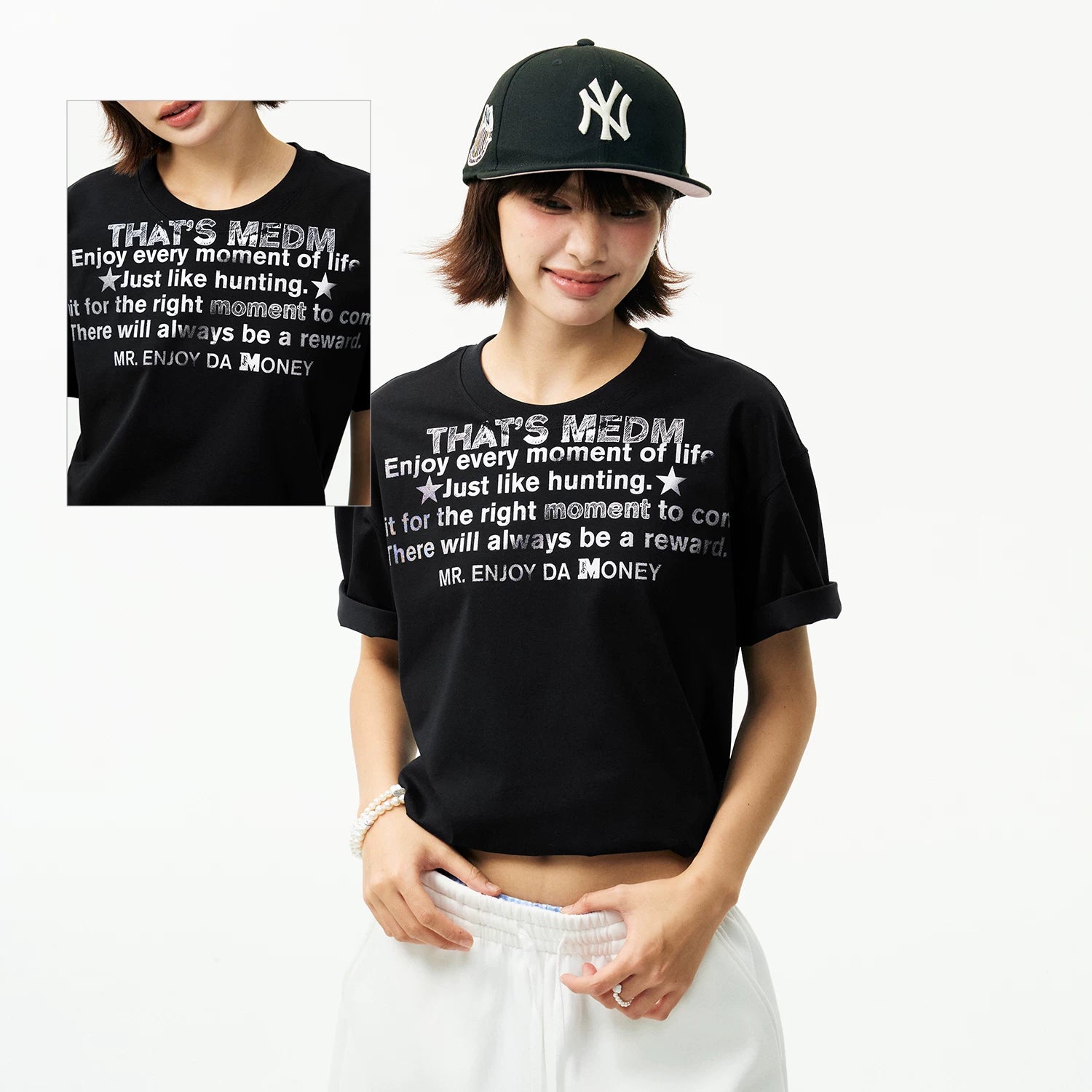 MEDM vintage font printed hem with torn casual short sleeves, American street retro versatile couple T-shirt for summer