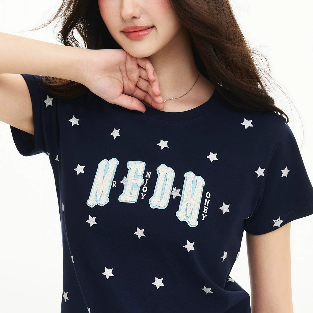 MEDM Little Fragrant Style Double layered Leather Shining Powder Full Star Printed Round Neck Short Sleeve American Retro Spicy Girl Style T-shirt Summer