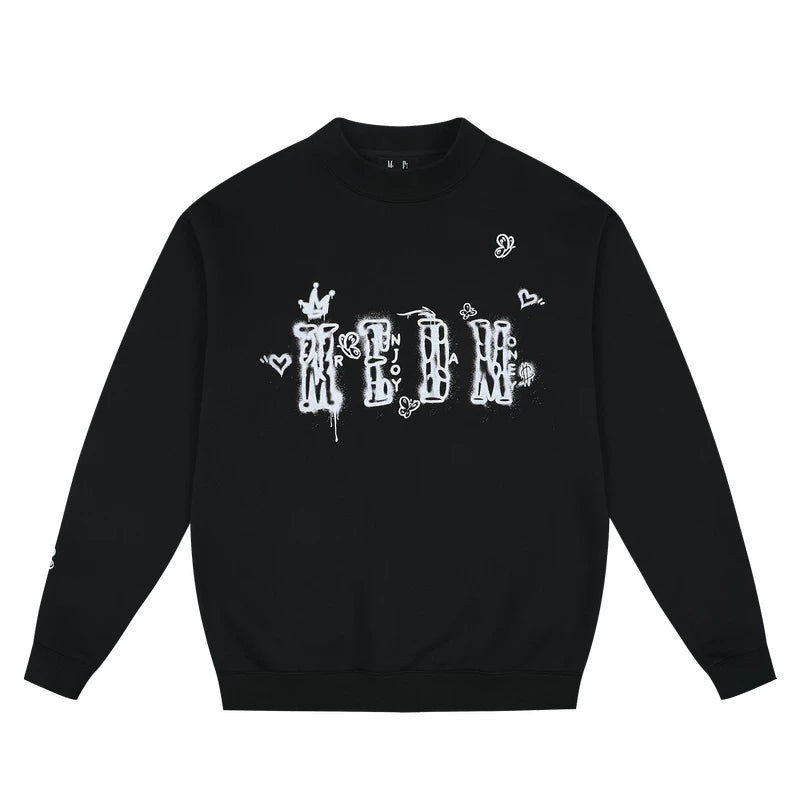 MEDM Graffiti Printed Logo Casual Round Neck Hoodie Autumn/Winter American Street Color Contrast Plus Velvet Couple Top