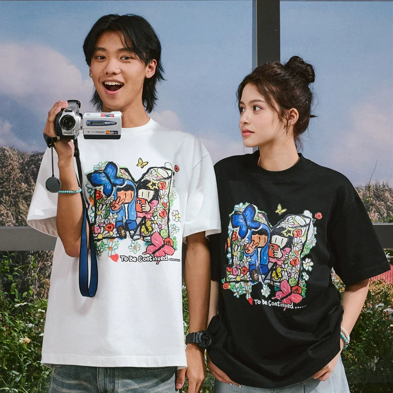 MEDMxNewmusus Joint Bouquet Love Short Sleeve T-shirt for Men and Women Couples Summer Loose Half Sleeve T-shirt
