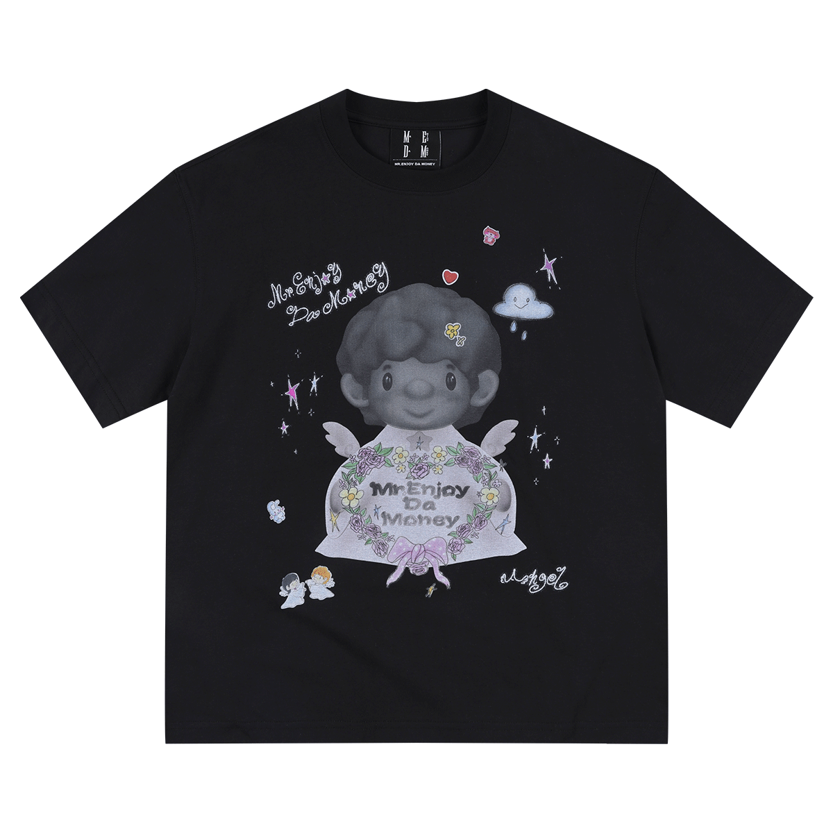 MEDM 3D Little Angel Hand drawn Pattern Printed Stickers Casual Loose Short Sleeve American Retro Round Neck Couple T-shirt