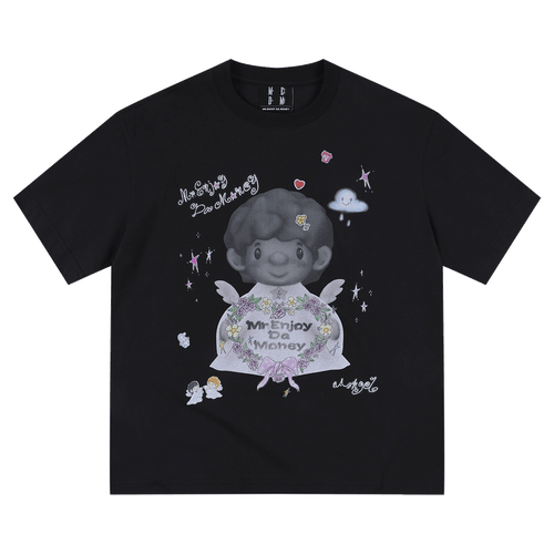 MEDM 3D Little Angel Hand drawn Pattern Printed Stickers Casual Loose Short Sleeve American Retro Round Neck Couple T-shirt