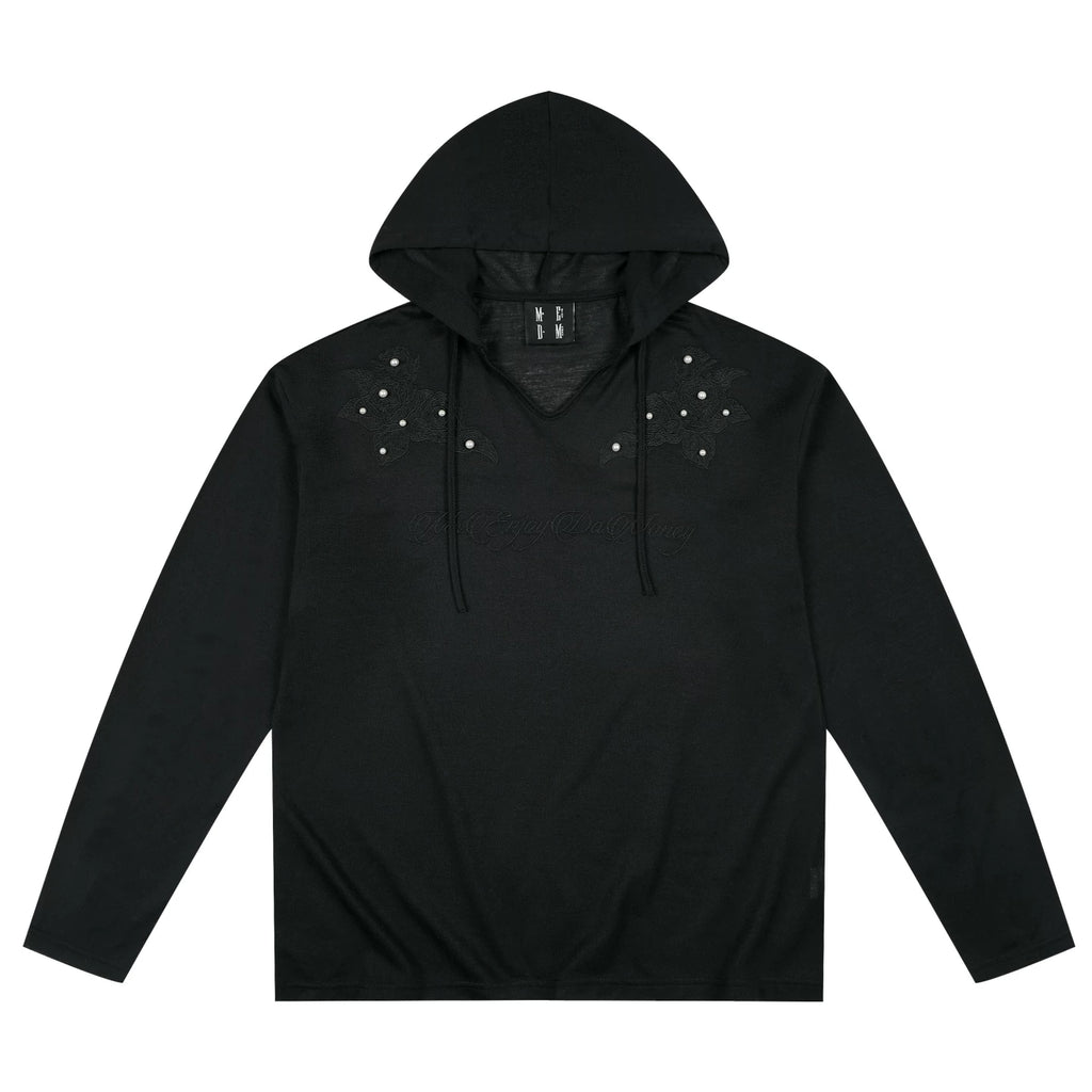 MEDM Hoodie Shoulders Dark Flower Nail Bead Long Sleeve T-shirt Commuter Thin Solid Color Simple Casual Top Autumn