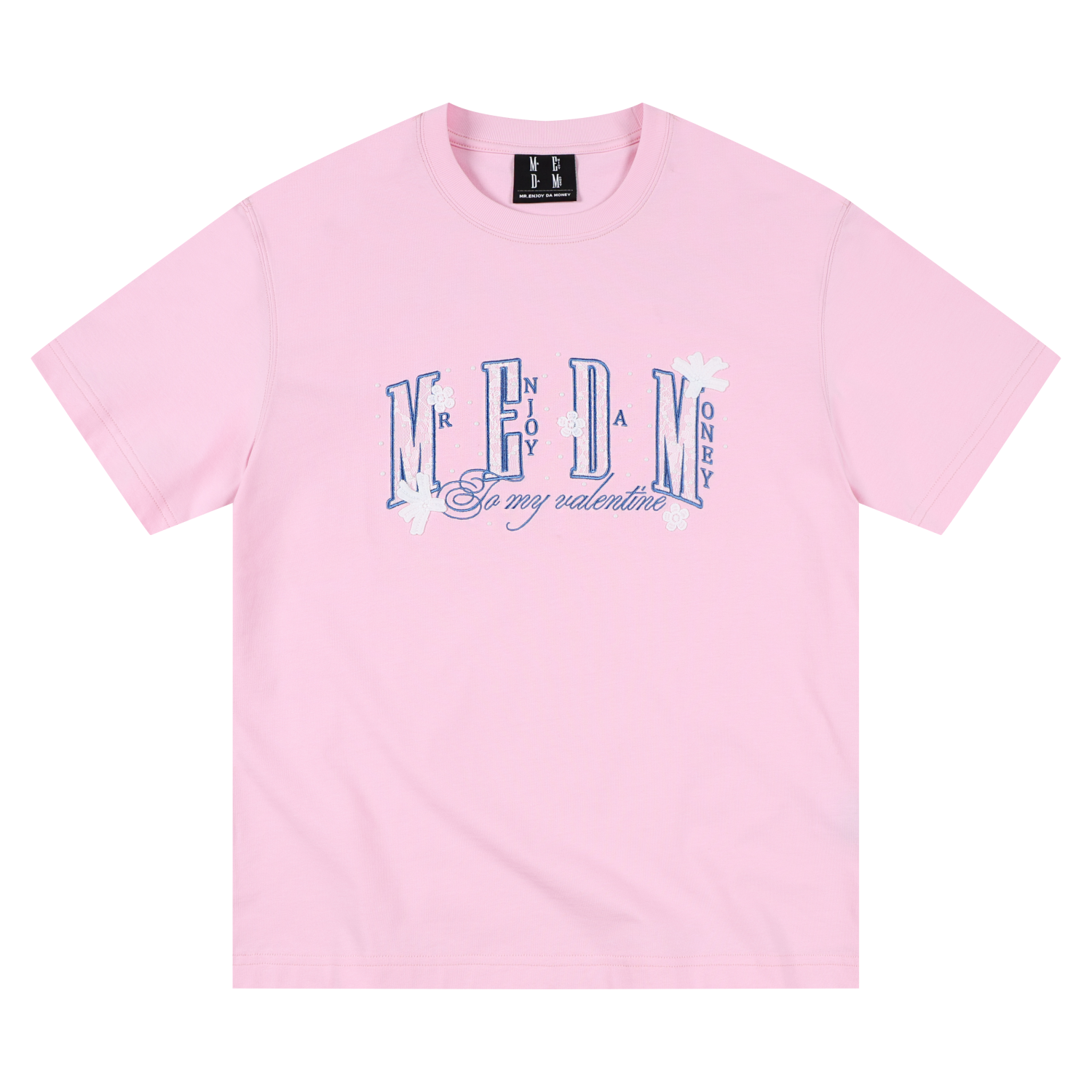 MEDM lace floral chest 3D embroidered logo casual round neck T-shirt trendy loose couple short sleeved summer