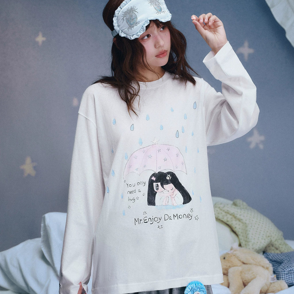 MEDM x Iria mailbox collaboration raindrop digital printing embroidery long sleeved cover shirt casual round neck top summer
