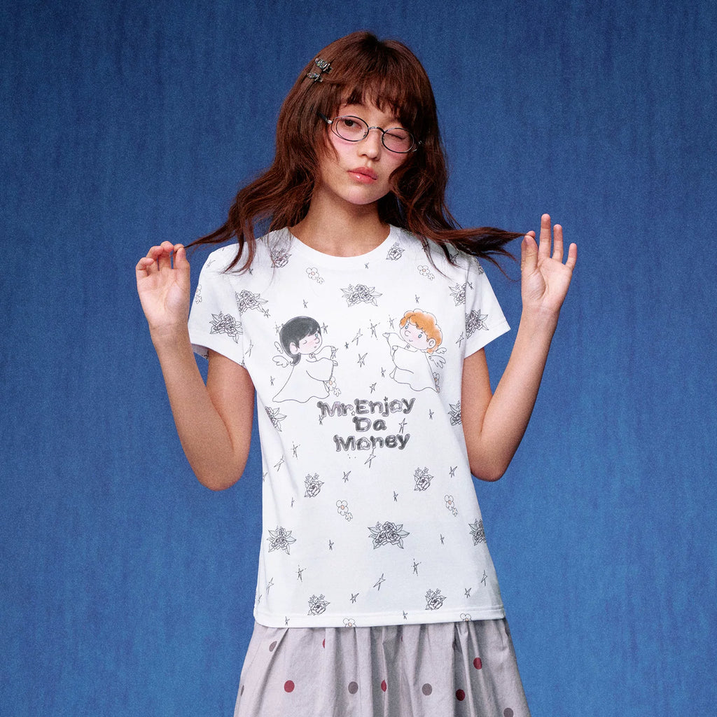 MEDM white floral wreath with little angel print casual round neck short sleeved shirt with full printed polka dot floral loose T-shirt for women, summer style