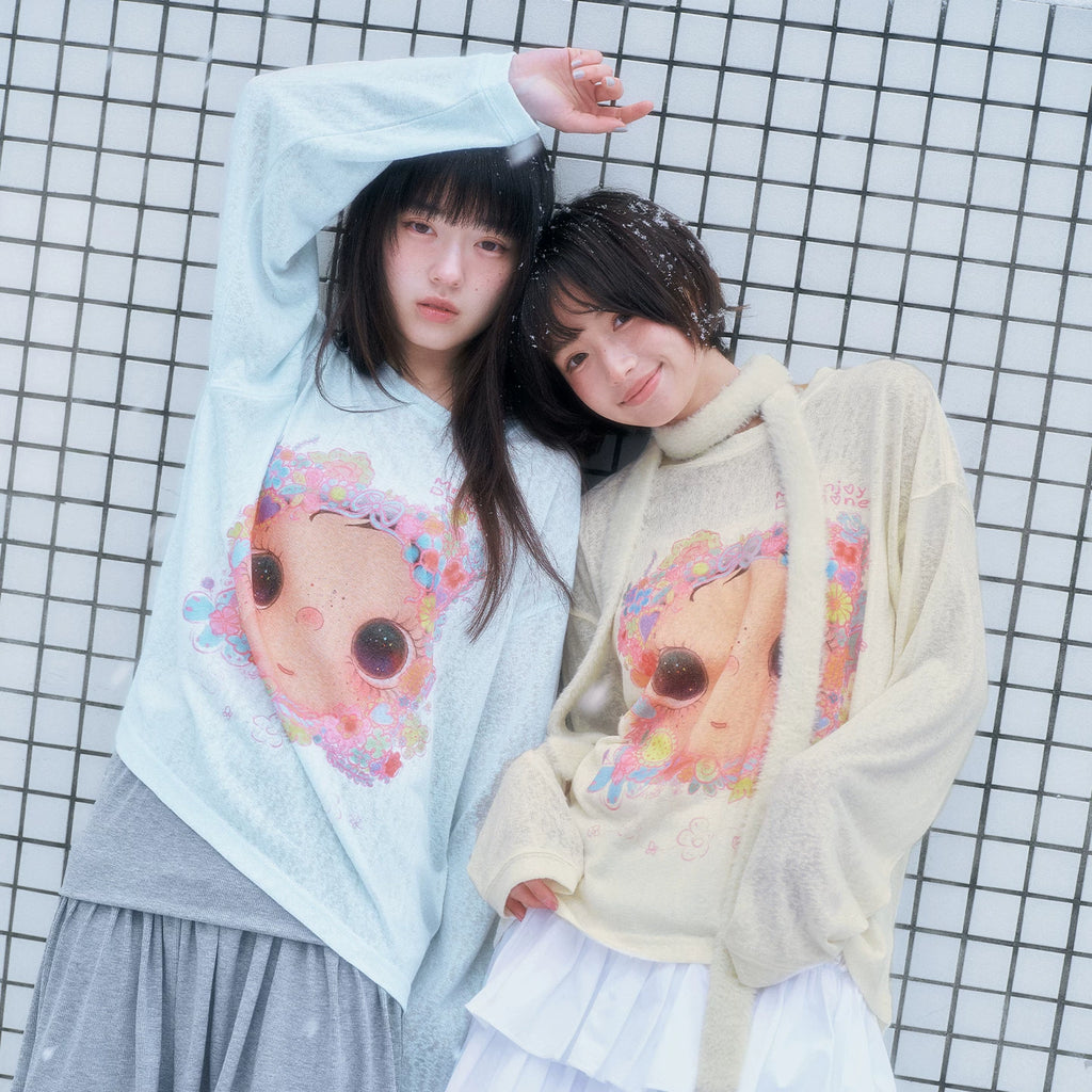 MEDM × YUY Jade Collaboration - Flower Surrounding Printed Logo Casual Long Sleeve T-shirt Cute Loose Round Neck Hoodie