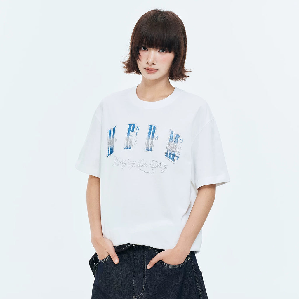 MEDM Sparkling Pink Printed Border Hot Diamond Logo Casual Round Neck Short Sleeve American High Street Cotton Loose Couple T-shirt