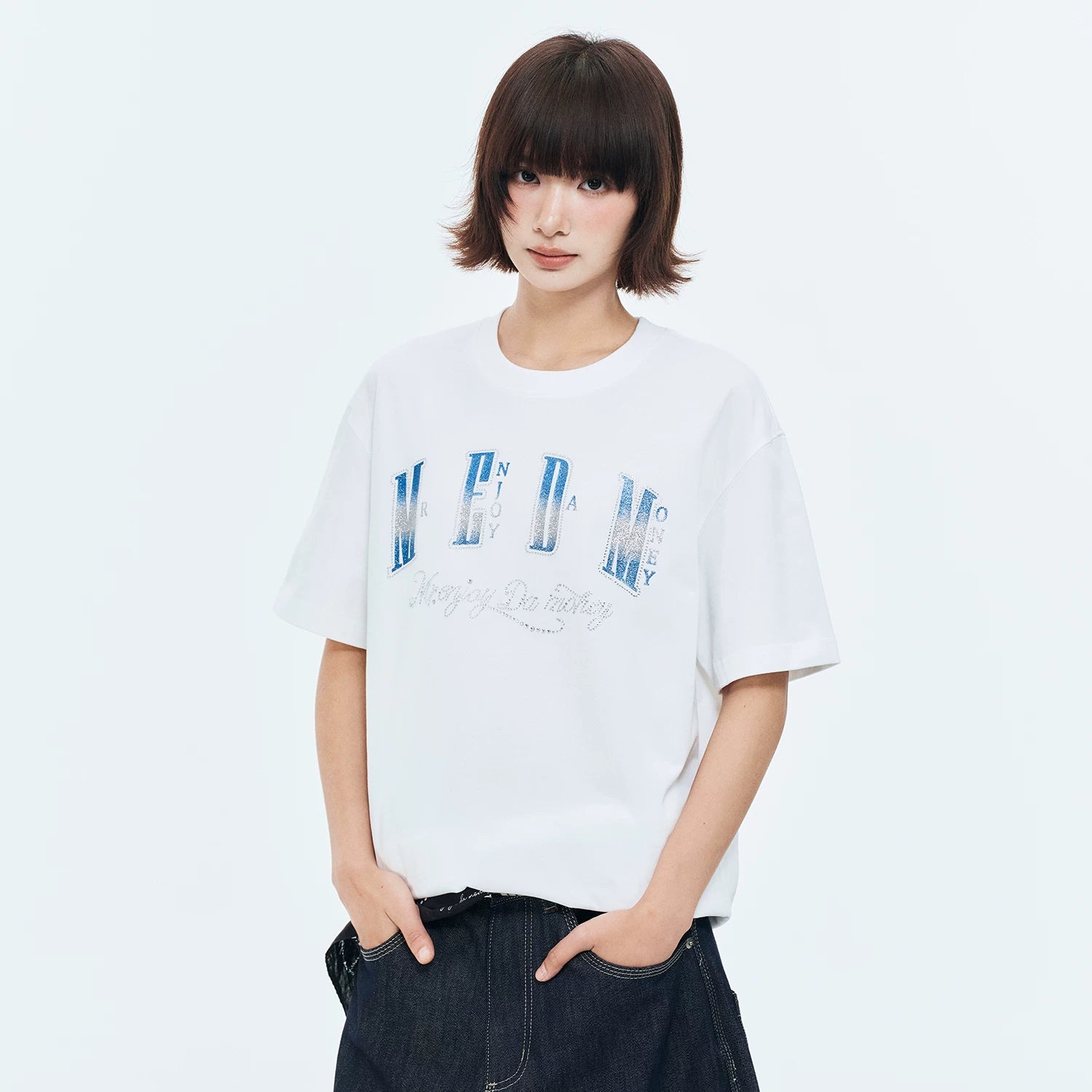 MEDM Sparkling Pink Printed Border Hot Diamond Logo Casual Round Neck Short Sleeve American High Street Cotton Loose Couple T-shirt