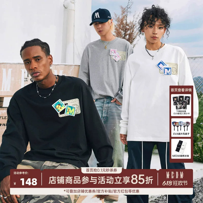 MEDM animal ID Velcro long sleeved T-shirt for men and women, autumn American hip-hop T-shirt, casual loose couple top