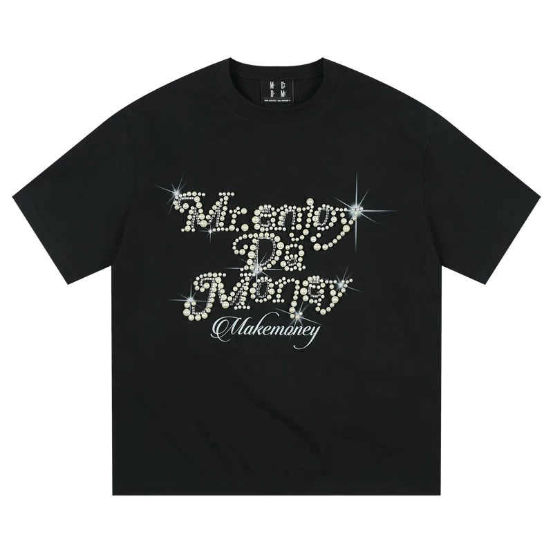 MEDM26SS pearl flower font summer short sleeved T-shirt for men and women, couple style American loose top T-shirt tee