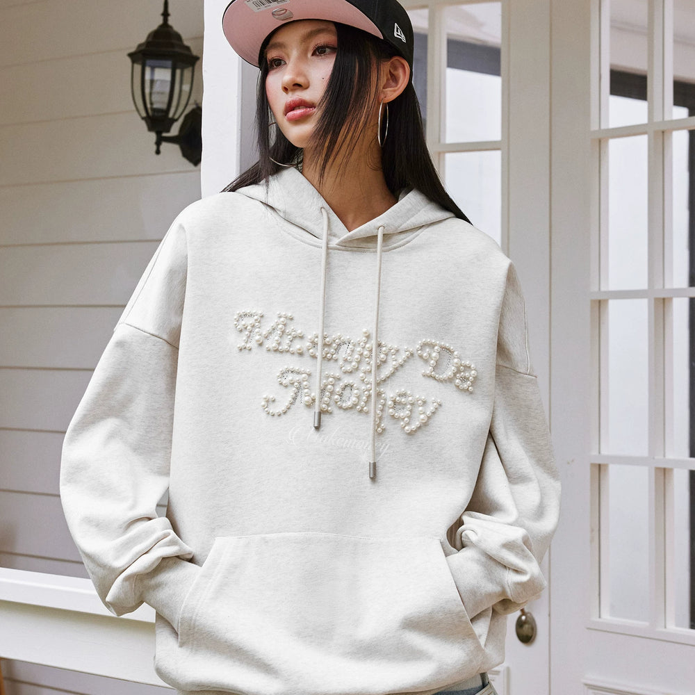 MEDM Nail Bead Flower Font Casual Hoodie Spring and Autumn American Loose Drawstring and Velvet Hoodie Couple Coat