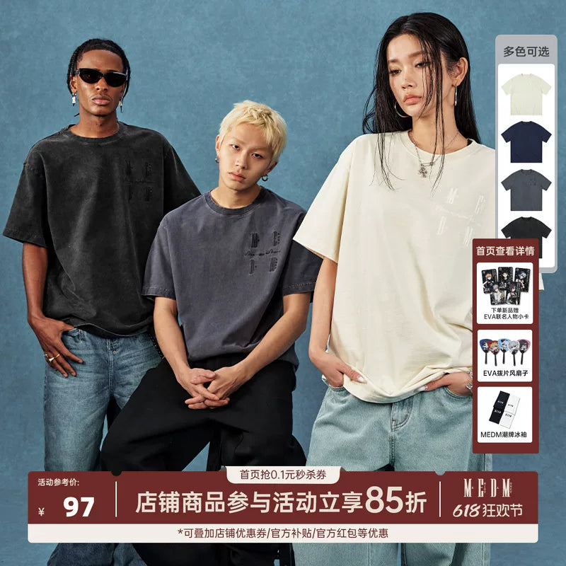 MEDM26SS basic four character logo washed short sleeved T-shirt for men and women, trendy brand American retro casual T-shirt