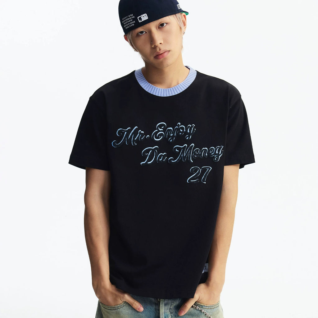 MEDM Color Knitted Letter Plush Round Neck Casual T-shirt Trendy Commuter Men's and Women's Loose Knitted Neck Short Sleeve Summer