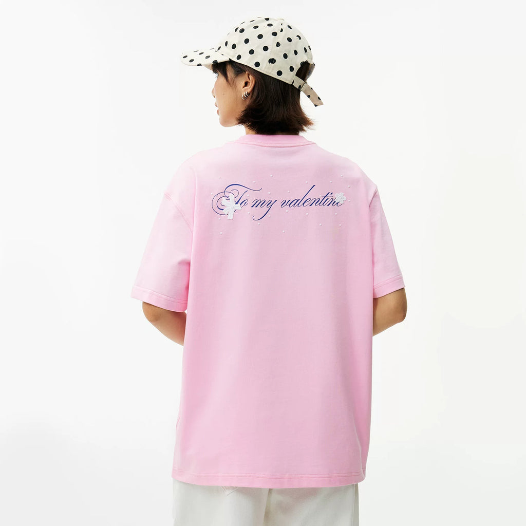 MEDM lace floral chest 3D embroidered logo casual round neck T-shirt trendy loose couple short sleeved summer