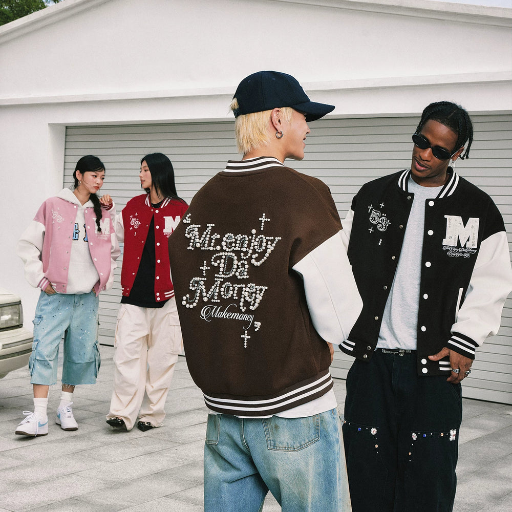 MEDM color blocking patchwork nail pearl casual stand up baseball jacket autumn American men's and women's loose long sleeved jacket jacket