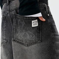 MEDM Flower Vine Laser Burnt Casual Bent Knife Jeans Street Versatile Mid Waist Micro Elastic Loose Wide Leg Pants Autumn