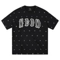 MEDM Sparkling Pink Little Star Full Print Double layer Leather Patch Embroidered Casual Round Neck Short Sleeve Washed Outdated Broken Hole T-shirt