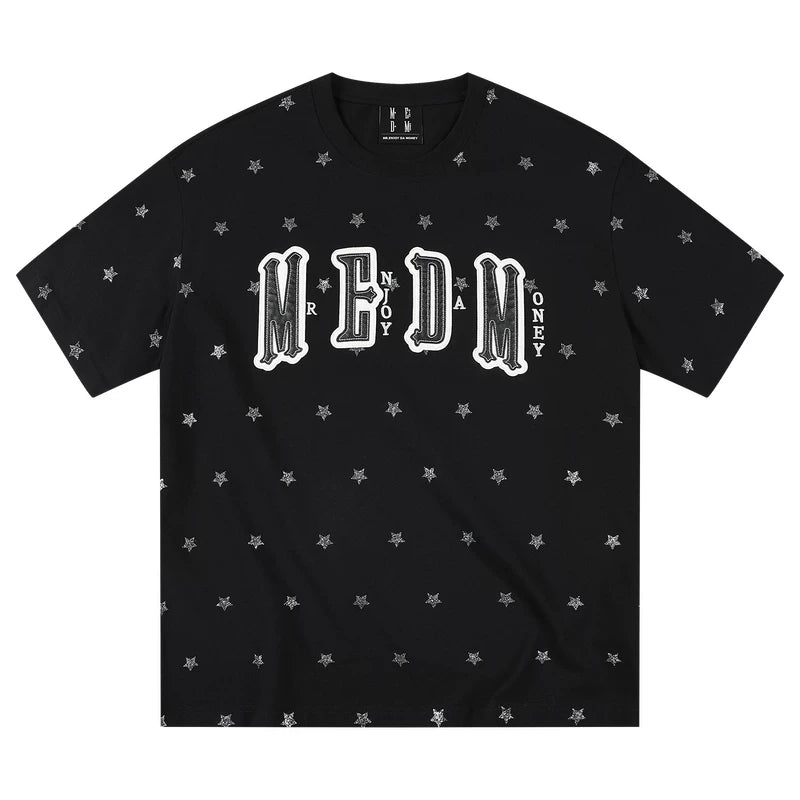 MEDM Sparkling Pink Little Star Full Print Double layer Leather Patch Embroidered Casual Round Neck Short Sleeve Washed Outdated Broken Hole T-shirt