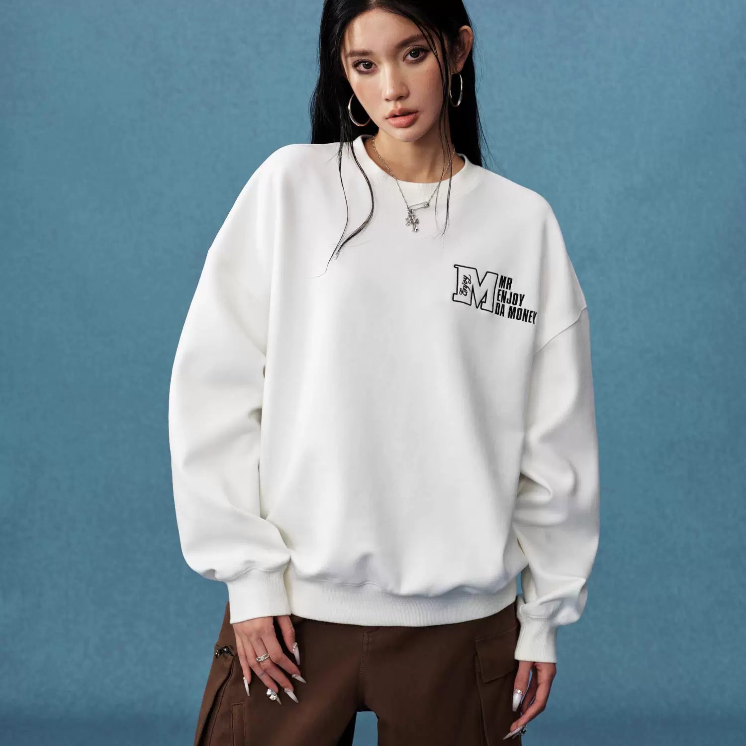 MEDM25SS embroidered suede hoodie men's spring and autumn trendy brand American casual simple round neck pullover top