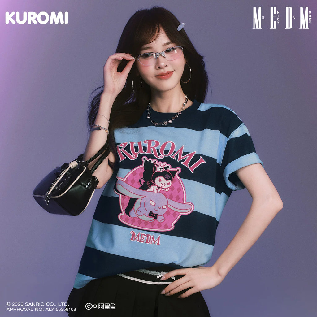 MEDM × Sanrio Family Series Striped Cool Lomi Pattern Printed Casual Short Sleeve Summer Loose Round Neck T-shirt