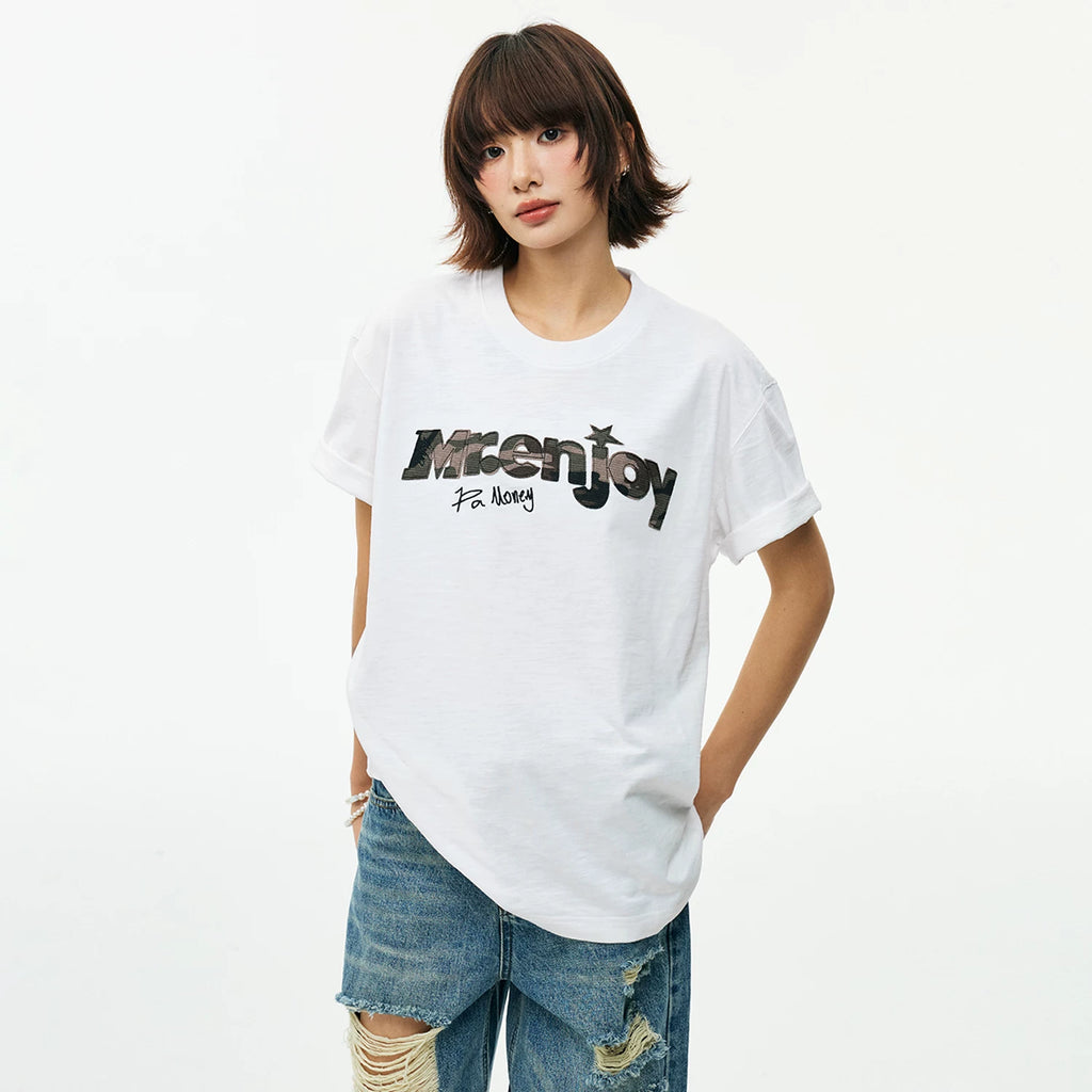 MEDM bamboo cotton camouflage printed torn edge patch embroidered casual round neck short sleeved trendy street loose men's and women's T-shirt
