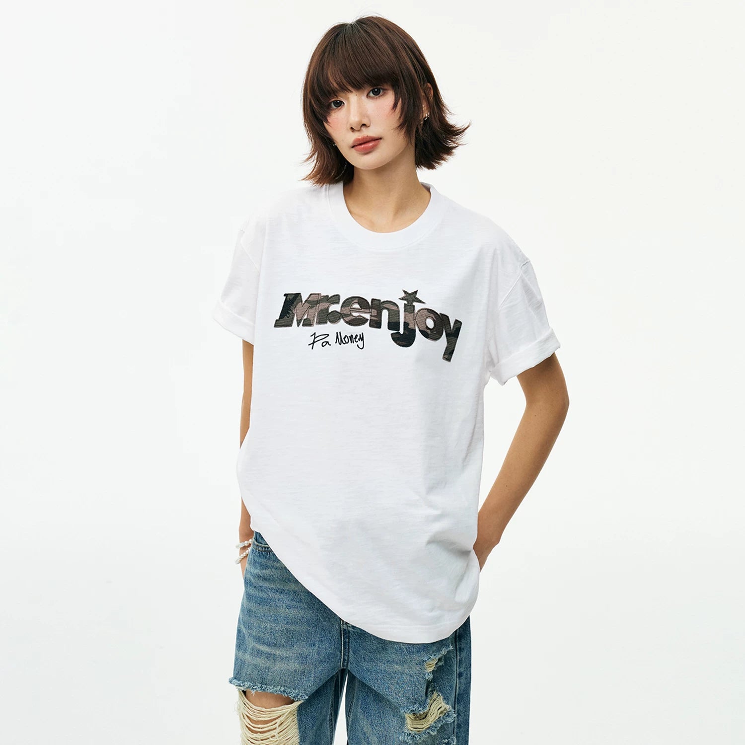 MEDM bamboo cotton camouflage printed torn edge patch embroidered casual round neck short sleeved trendy street loose men's and women's T-shirt
