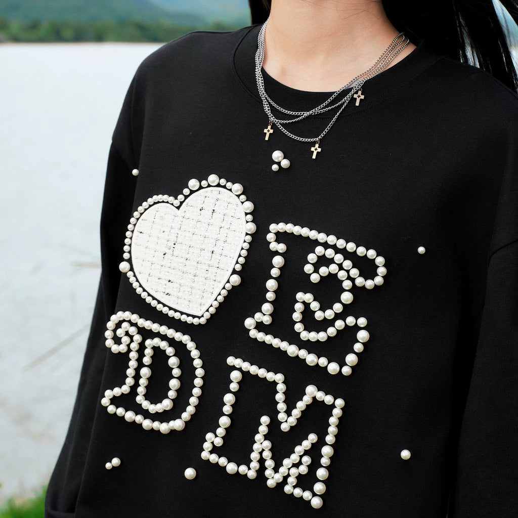 MEDM Love Sticker Small Fragrant Fabric Nail Bead Long Sleeve T-shirt Street Trendy Brand Couple Casual Bottom Shirt Top Autumn