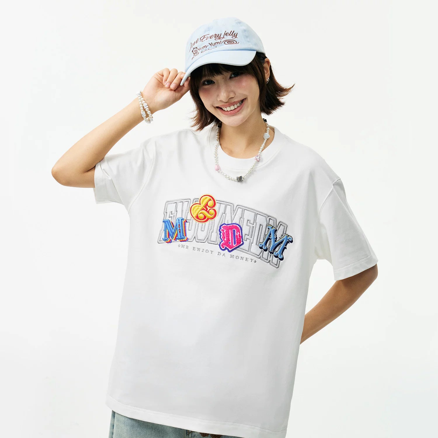 MEDM double-layer contrasting embroidered letters casual round neck T-shirt American retro unisex loose short sleeved summer
