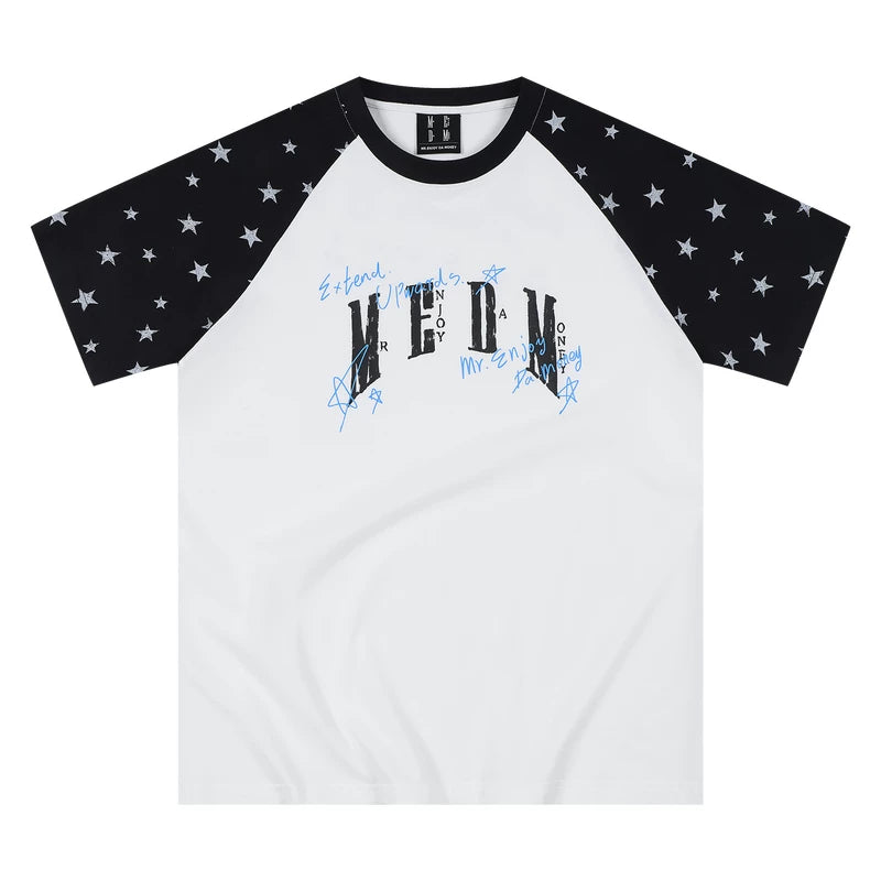 MEDM Handwritten Graffiti Printed Stars Full Print Casual Off Shoulder Short Sleeve Men's and Women's Loose Round Neck T-shirt Summer
