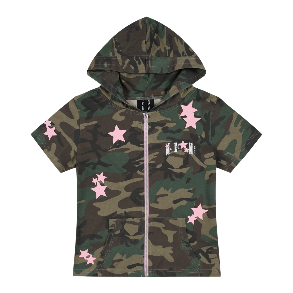 MEDM camouflage star sticker casual short sleeved hoodie cute style zipper slim fit cardigan hooded T-shirt for women
