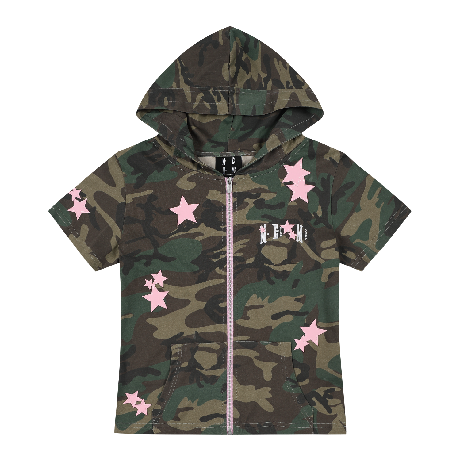 MEDM camouflage star sticker casual short sleeved hoodie cute style zipper slim fit cardigan hooded T-shirt for women
