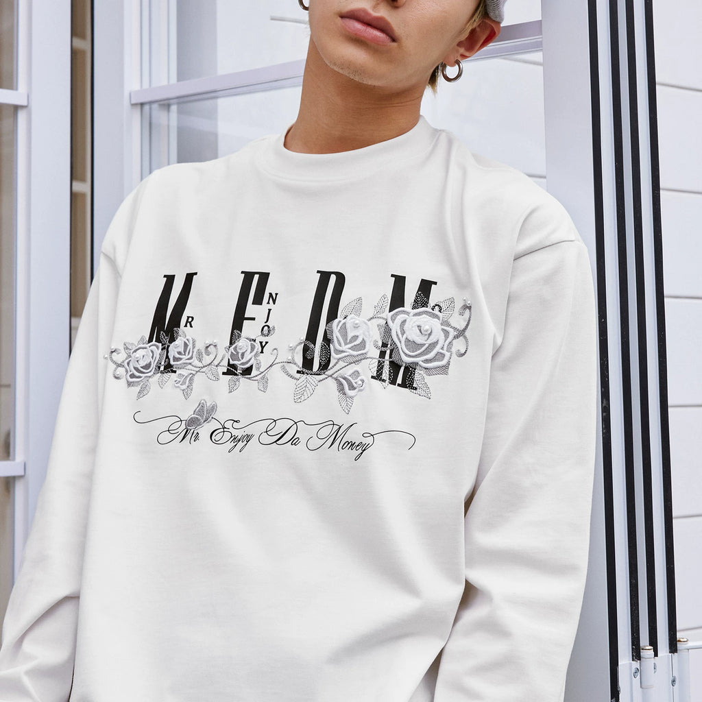 MEDM Ice Rose Embroidered Nail Bead Printed LOGO Casual Long Sleeve T-shirt Trendy Round Neck Loose Bottom Shirt Autumn