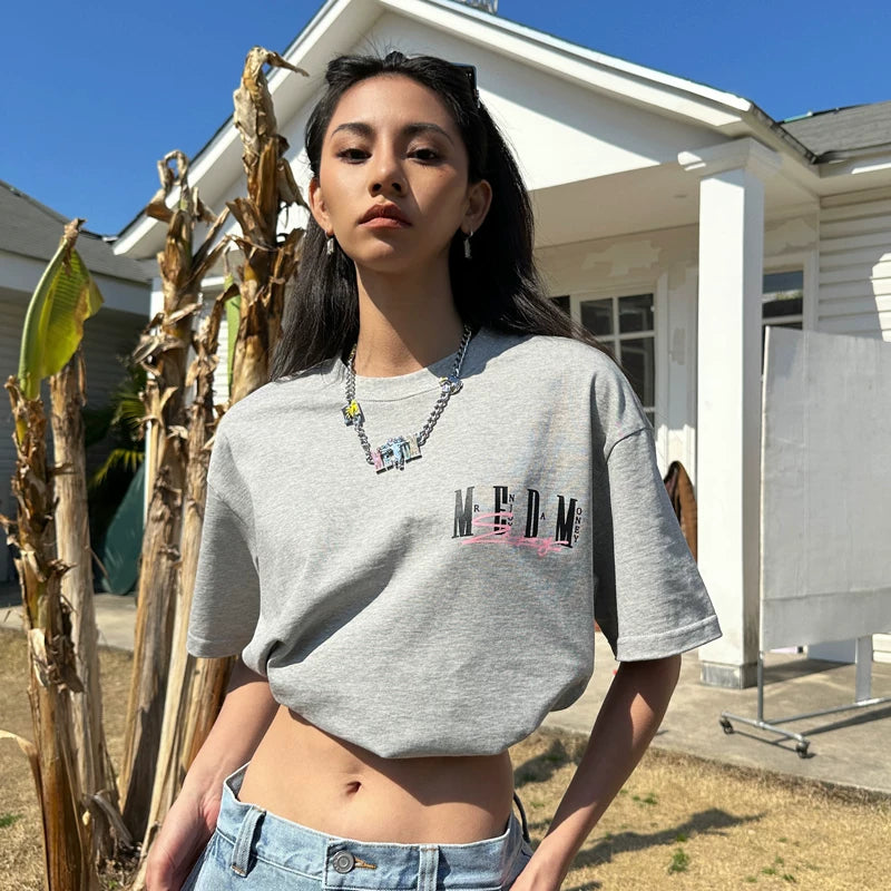 MEDM Summer Graffiti Letter Printed Short Sleeve T-shirt for Men and Women, American High Street Retro Casual Half Sleeve T-shirt