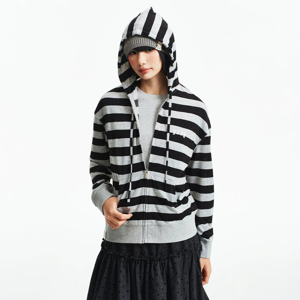 MEDM Knitted Striped Hoodie Embroidered Logo Casual Hoodie Trendy Loose Drawstring Hoodie Coat for Women