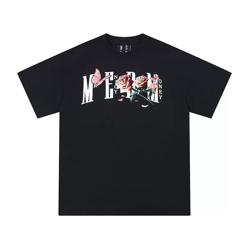MEDM Origami Sliced Rose Butterfly Embroidered Short Sleeve T-shirt for Men and Women, Summer American Retro Loose Half Sleeve