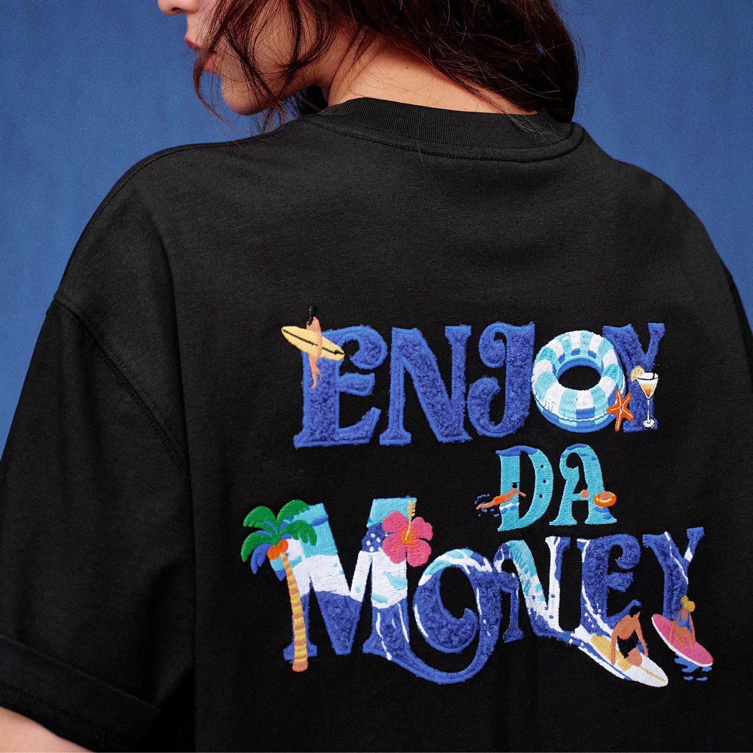 MEDM Sunshine Beach Surfing Short Sleeve Heavy duty Towel Embroidered Trendy Brand Loose Cotton Unisex T-shirt Summer
