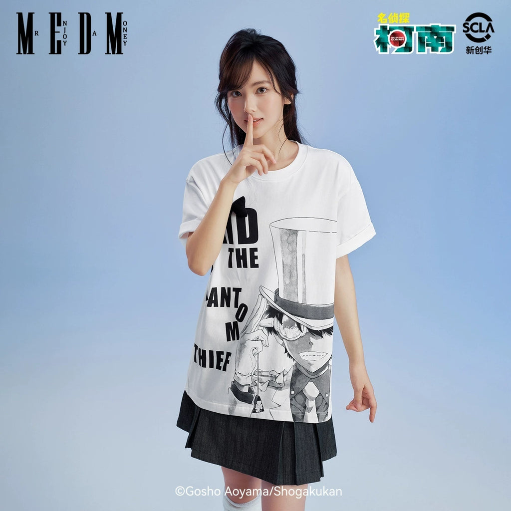 MEDMx Detective Conan co branded black and white anime portrait print casual short sleeved basic versatile couple T-shirt