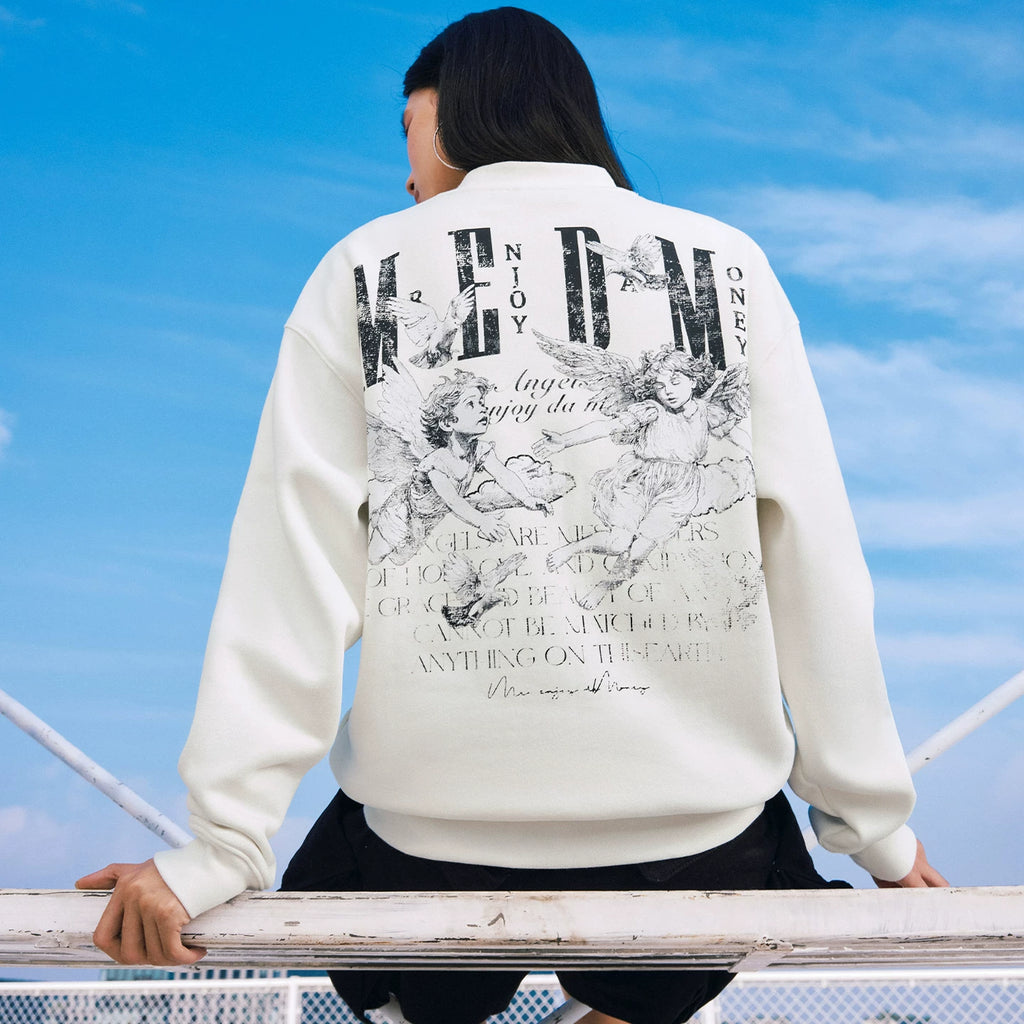 MEDM Personalized Angel Letter Printed Fabric Casual Round Neck Velvet Hoodie American Couple Hoodie Autumn