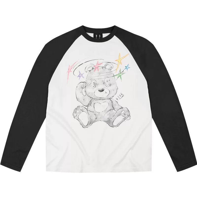 MEDM Dazzling Bear Series Printed Thin Fabric Shoulder Insertion Long Sleeve T-shirt Spring and Autumn Trendy Brand Round Neck Couple's Top